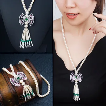 100% Cultured Pearls Long Necklace Pendant Green Mirco Zircons Fan Tassel Pendant Necklace Fashion Women Pearl Necklace
100% Cultured Pearls Long Necklace Pendant Green Mirco Zircons Fan Tassel Pendant Necklace Fashion Women Pearl Necklace