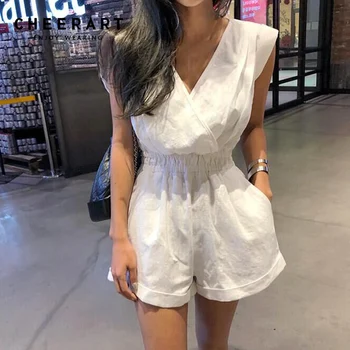 Cheerart Summer Cotton Playsuit Women V Neck Wrap Jumpsuit Short White Sleeveless Open Back Loose Overalls Combishort Femme
Cheerart Summer Cotton Playsuit Women V Neck Wrap Jumpsuit Short White Sleeveless Open Back Loose Overalls Combishort Femme
