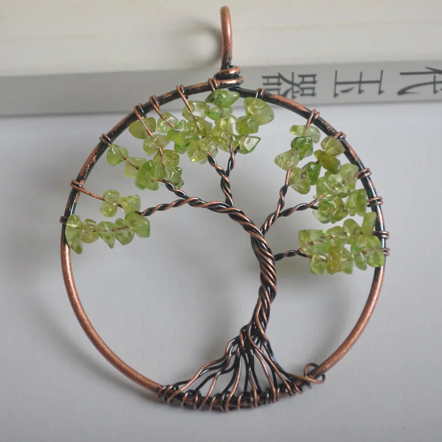 

Free Shipping Lucky Handmade Tree of life Peridot Olivine Bronze Copper Wire Wrap Pendant Jewelry K2055