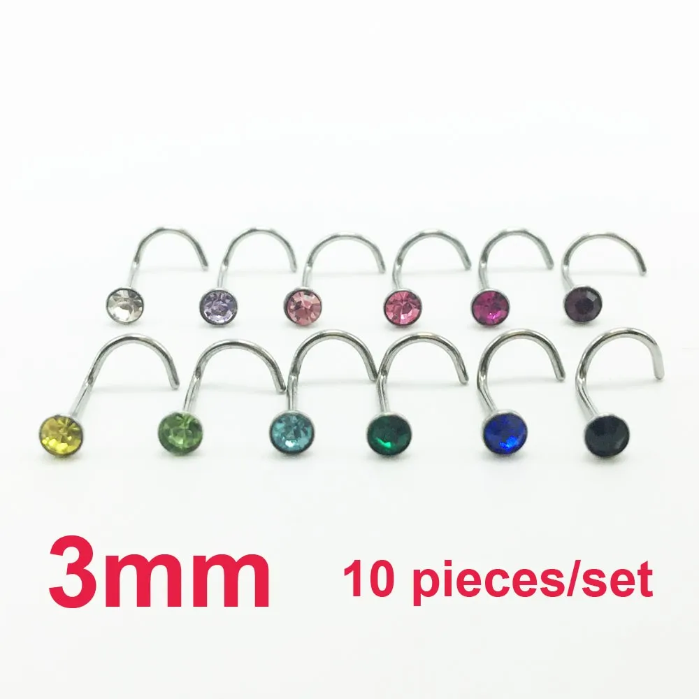 10pcs fashion women's 3mm nose studs rings stainless steel mixed colors piercing nose cheap body pircing jewelry free shipping 4
