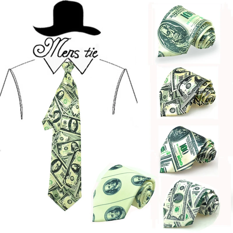 

New Arrival Funny 4inch width 5 colors Dollar American money US dollar men's broad party holiday gift necktie Casual Wedding Tie
