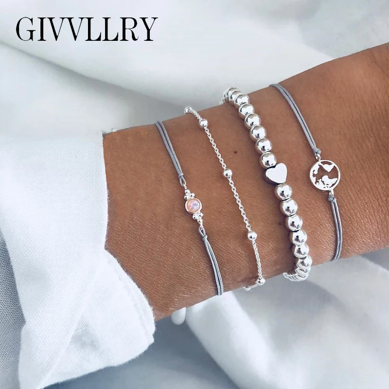 GIVVLLRY 4 pcs/Set Silver Beaded Bracelets Fashion Accessories Simple Punk World Map Opal Charm Rope Chain Bracelets for Women
GIVVLLRY 4 pcs/Set Silver Beaded Bracelets Fashion Accessories Simple Punk World Map Opal Charm Rope Chain Bracelets for Women