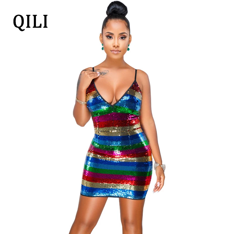 QILI Colorful Sequin Dress Women Sexy V-Neck Sleeveless Mini Dresses Spaghetti Strap Backless Bodycon Dress Evening Party Wear
QILI Colorful Sequin Dress Women Sexy V-Neck Sleeveless Mini Dresses Spaghetti Strap Backless Bodycon Dress Evening Party Wear