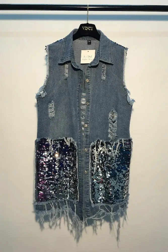 New Denim Vest Medium-Long Women Sequined Waistcoat Turn-down Collar Coat Denim Sleeveless Jacket
New Denim Vest Medium-Long Women Sequined Waistcoat Turn-down Collar Coat Denim Sleeveless Jacket