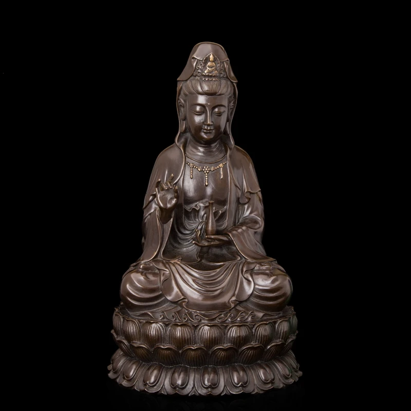 

Arts Crafts Copper Retro Chinese Nanhai Guanyin Bronze Goddess of Mercy kwan-Yin Lotus Bodhisattva Buddha Statue Avalokitesvara
