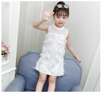 

Summer floral embroidery ruched feather baby girls sleeveless dress kids fashion dress Children brand vestidos 2 to 7 yrs