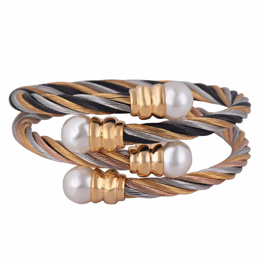 Elastic Adjustable Stainless Steel Jewelry 3 Tone Plating Twisted Cable Cuff Pearl Bangle Bracelet for Women
Elastic Adjustable Stainless Steel Jewelry 3 Tone Plating Twisted Cable Cuff Pearl Bangle Bracelet for Women