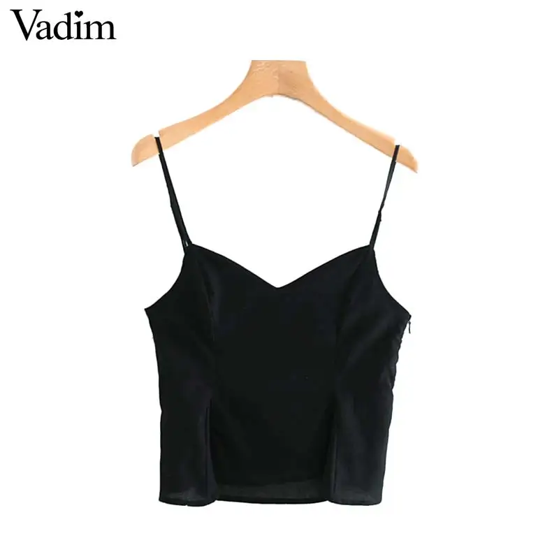 Vadim women sexy black crop top V neck sleeveless back elastic camis adjustable strap side zipper short style female top WA262 
Vadim women sexy black crop top V neck sleeveless back elastic camis adjustable strap side zipper short style female top WA262