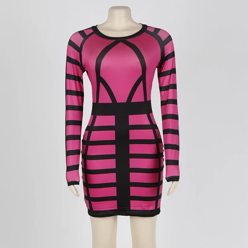 Kostlich Autumn 2017 Women O-Neck Long Sleeve Print Dress Mini Sexy Bodycon Women Dress Plus Size NightClub Wear Bandage Dress (56)