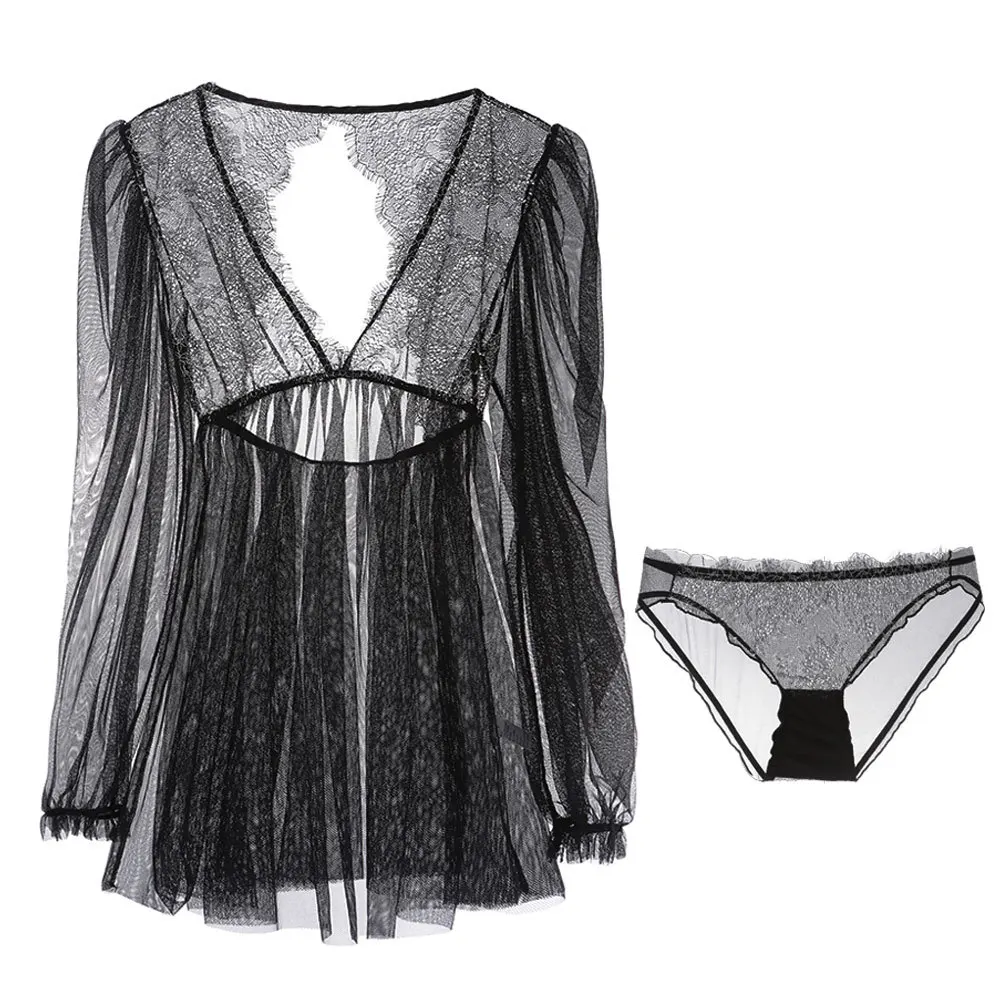 Black White Women Underwear Deep V Lace Pajamas Net Yarn Lovely Long Sleeves Babydoll Sheer Lingerie Sexy Intimate Wear
Black White Women Underwear Deep V Lace Pajamas Net Yarn Lovely Long Sleeves Babydoll Sheer Lingerie Sexy Intimate Wear