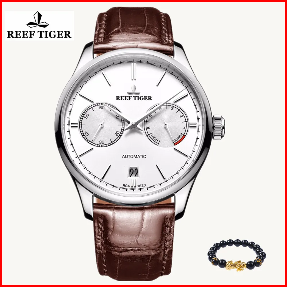 

2019 Reef Tiger/RT Simple Business Watches for Men Steel White Dial Automatic Power Reserve Date Watch Relogio Masculino RGA1620
