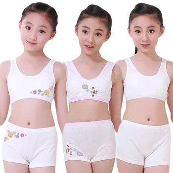 

Puberty Young Girls Cosy Undies Children Clothing Teenagers Cotton Underwear Set Training Bras Camisole Vest Top + Panties Boxer