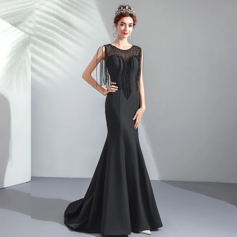 Luxury beaded evening dress black noble mermaid prom graduation party gowns bridal shower formal Vestido de noiva | Свадьбы и