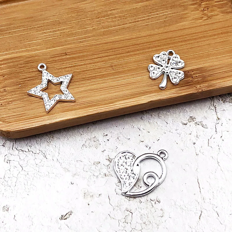 10pcs Star Shining Rhinestone Charms Heart Pentagram Four-leaf Clover Silver Metal Pendants Glitter DIY Jewelry Accessory YZ226
10pcs Star Shining Rhinestone Charms Heart Pentagram Four-leaf Clover Silver Metal Pendants Glitter DIY Jewelry Accessory YZ226