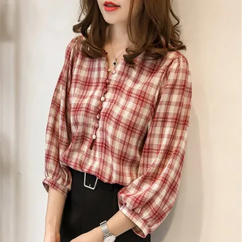 Fashion V Neck Plaid Ladies Office Tops Sexy Buttons Lantern Long Sleeve Blouse Shirts New Korean Casual Loose Women Shirt
Fashion V Neck Plaid Ladies Office Tops Sexy Buttons Lantern Long Sleeve Blouse Shirts New Korean Casual Loose Women Shirt