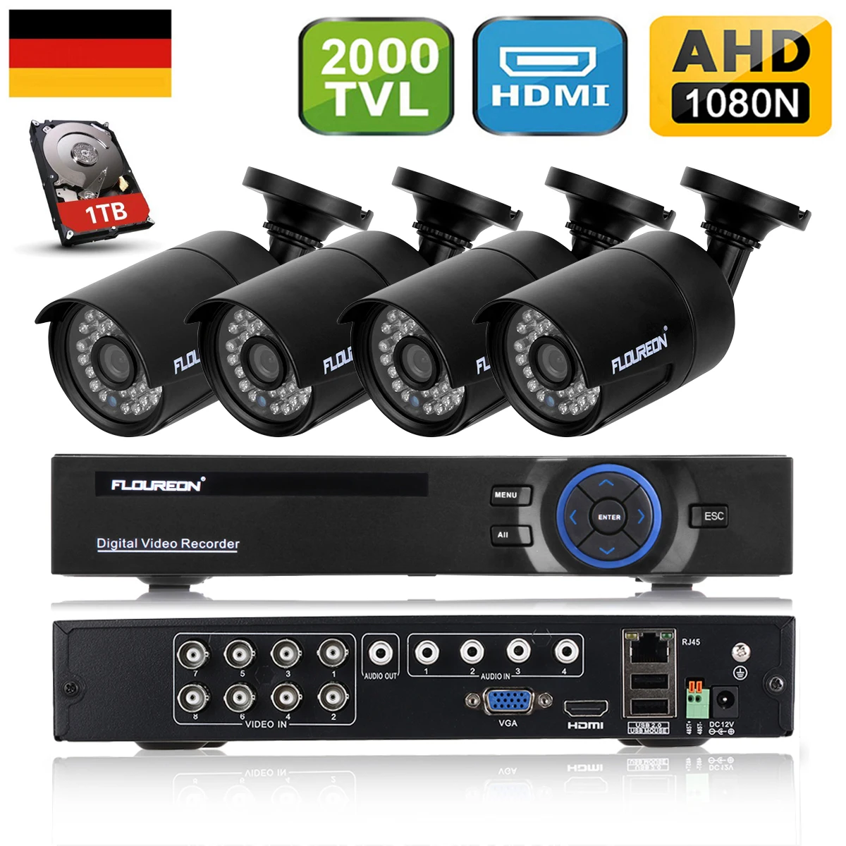 FLOUREON KA6908Z4KIT - A628B - W1 - EU 1 x 8CH 1080N AHD DVR + 4 x Outdoor 2000TVL 960P 1.3MP Camera + 1TB HDD Security Monitor
FLOUREON KA6908Z4KIT - A628B - W1 - EU 1 x 8CH 1080N AHD DVR + 4 x Outdoor 2000TVL 960P 1.3MP Camera + 1TB HDD Security Monitor