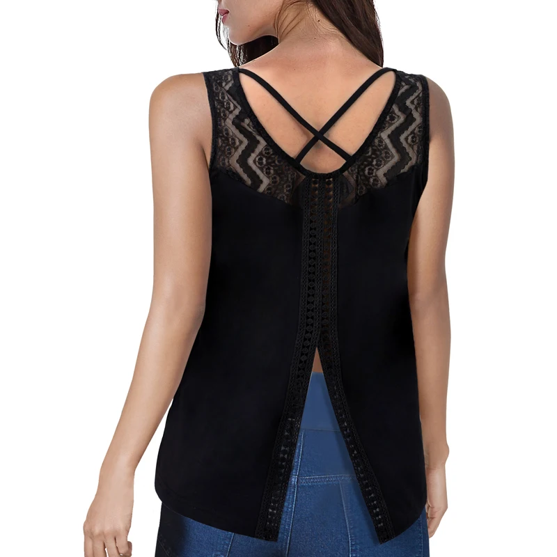 

Vfemage Womens Summer V Neck Lace Detail Patchwork Strappy Crisscross Hollowed Out Crochet Trim Split Casual Camis Tank Top 089