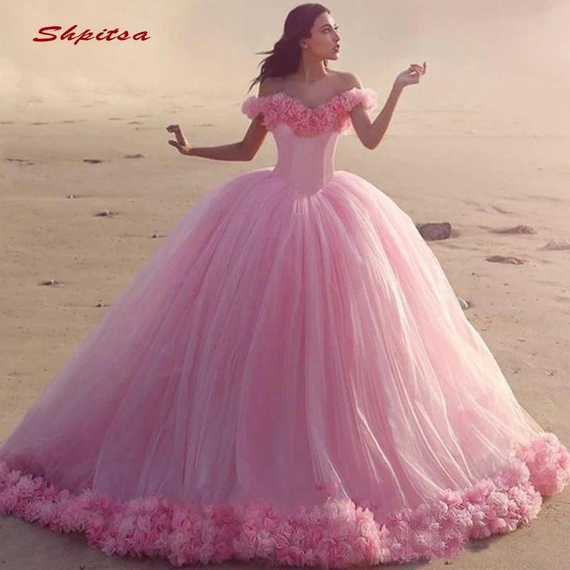 Бальное платье Quinceanera с открытыми плечами из фатина для выпускного вечера