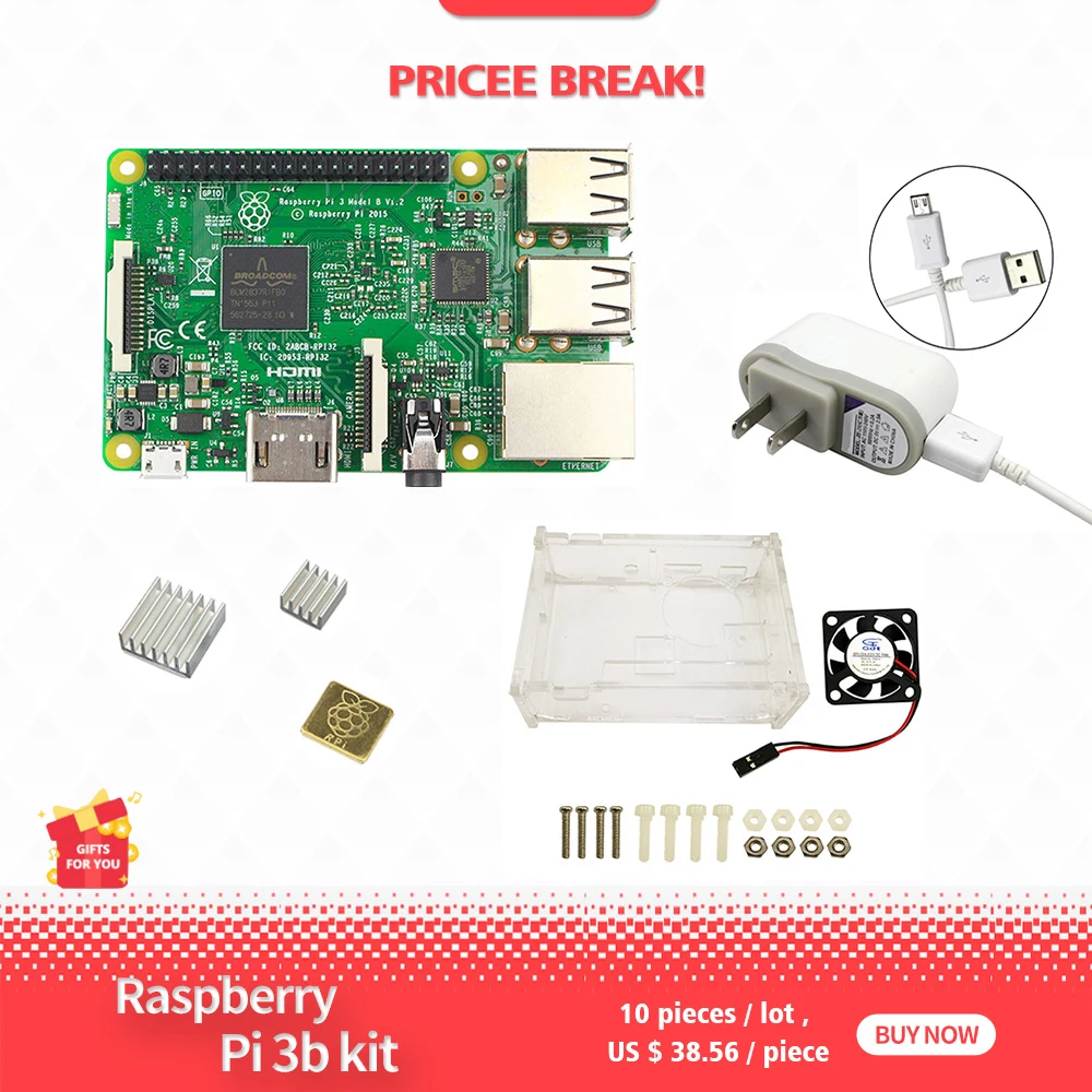 Raspberry Pi 3 Model B kit - pi 3 board / pi 3 case / 5V 2.5A US Power Supply / heat sink
Raspberry Pi 3 Model B kit - pi 3 board / pi 3 case / 5V 2.5A US Power Supply / heat sink