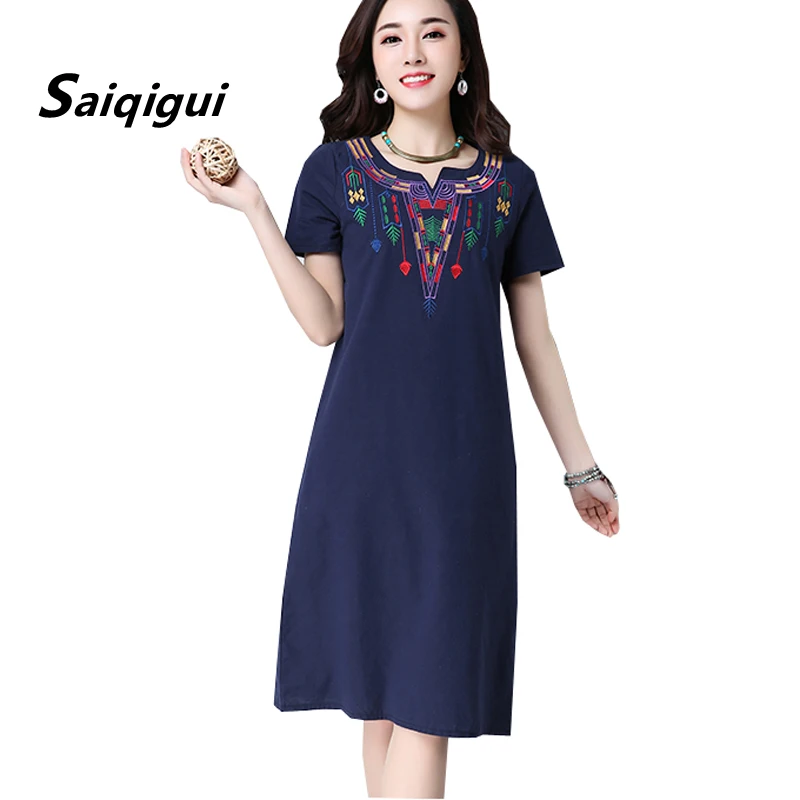 Saiqigui 2019 Summer dress women Chinese Style Short sleeve casual loose Embroidery cotton Linen dress vestidos de festa
Saiqigui 2019 Summer dress women Chinese Style Short sleeve casual loose Embroidery cotton Linen dress vestidos de festa