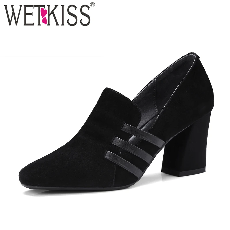WETKISS Brand Women Pumps Kid Suede Hoof Heels Cover Instep Stitching Footwear 2018 Spring Fshion Office High Heels Ladies Shoes