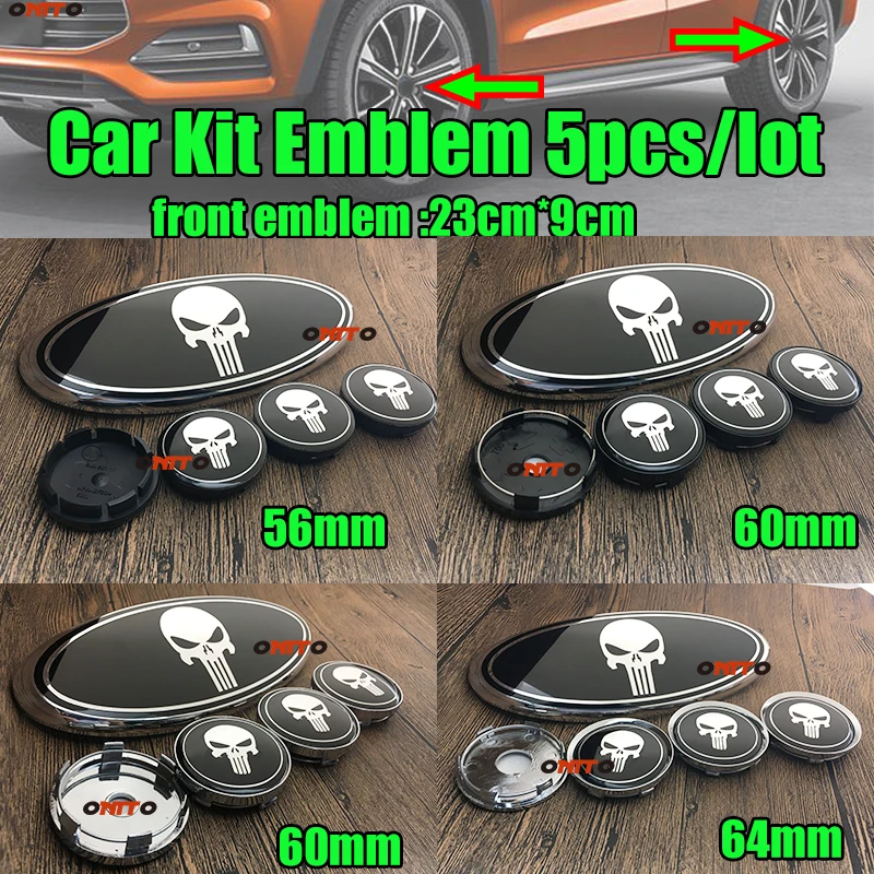 HOT 5PCS/SET Black Punisher skull Logo Hood Bonnet Front grille emblem 23cm 9cm Wheel center cap 56mm 60mm 64mm for car styling
HOT 5PCS/SET Black Punisher skull Logo Hood Bonnet Front grille emblem 23cm 9cm Wheel center cap 56mm 60mm 64mm for car styling