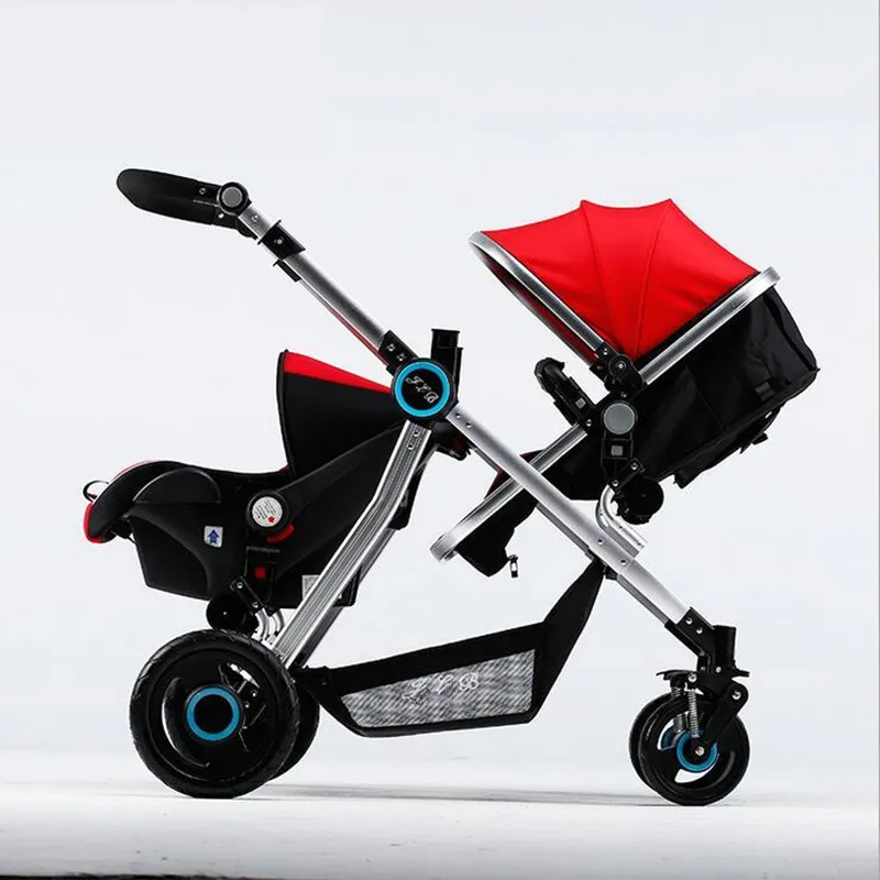 Image Safe and Comfortable Baby Twin Stroller 3 in 1 Function Twins Pushchairs Infant Basket style Safety Seat Foldable Baby Four Cart