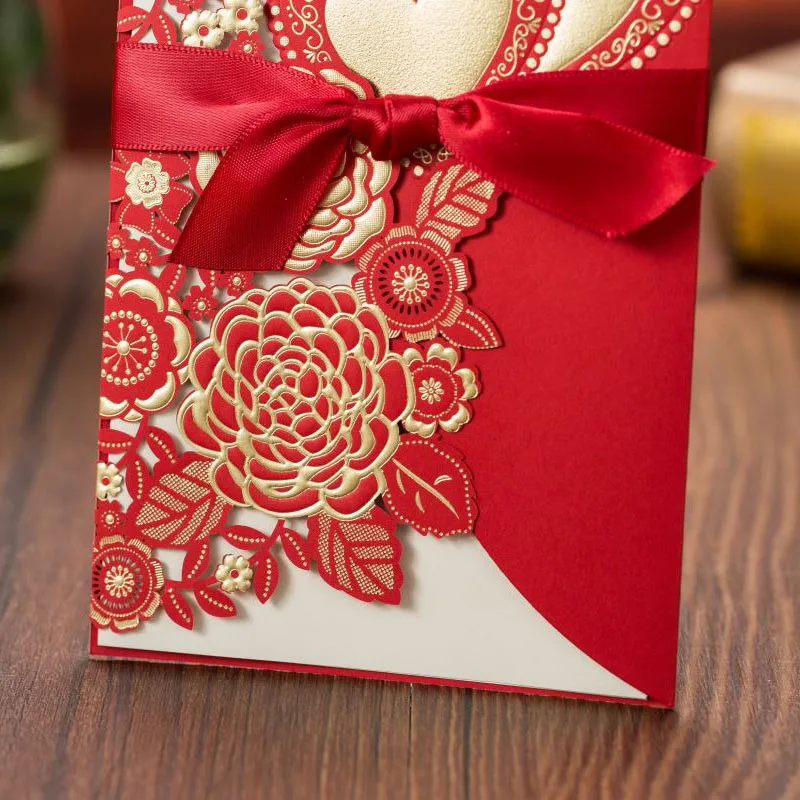 Description Picture 6 of item1pc Sample Red Laser Cut Wedding Invitations Card Rose Heart Greeting Cards with Ribbon Envelopes Wedding Party Favor Decoration