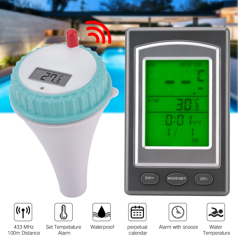Wireless Digital Swimming Pool Thermometer LCD Display Waterproof Floating Pool Thermometer with Time Alarm Calendar Temperature
Wireless Digital Swimming Pool Thermometer LCD Display Waterproof Floating Pool Thermometer with Time Alarm Calendar Temperature