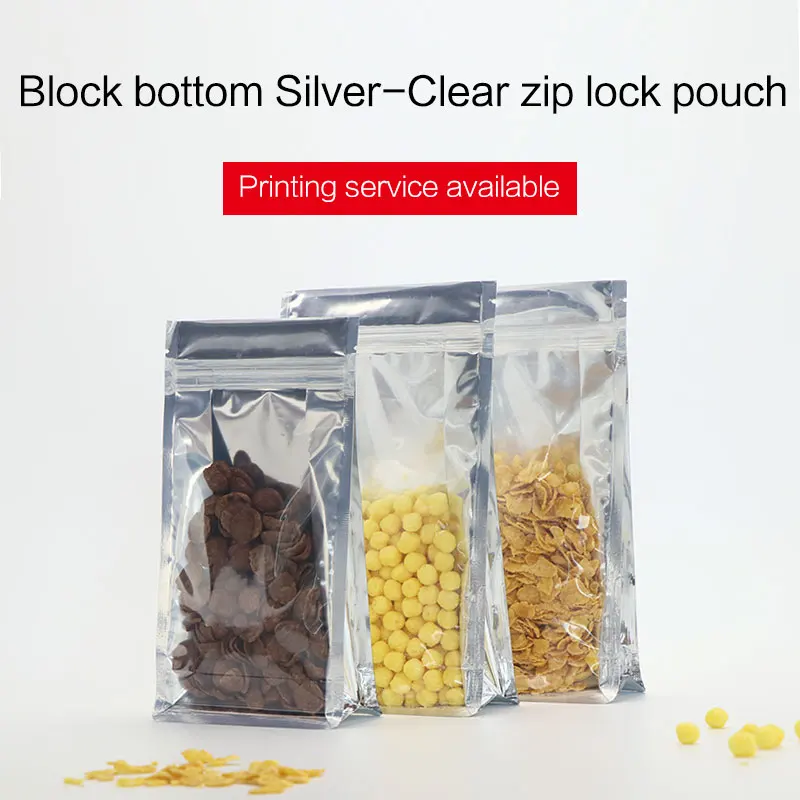 block bottom stand up pouch with zipper clear front aluminum foil zip lock flat bottom quad seal snacks food packaging bag
block bottom stand up pouch with zipper clear front aluminum foil zip lock flat bottom quad seal snacks food packaging bag