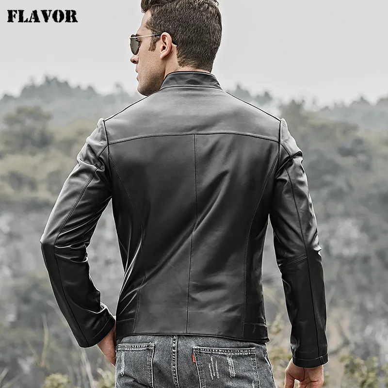 Мужская кожаная куртка из шкуры ягненка FLAVOR мотоциклетное пальто натуральной