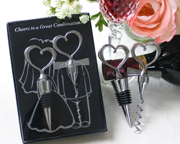 

(60Pcs/lot=30boxes) Popular Wine Wedding Favors for guests of Love Heart Corkscrew and Wine bottle stopper gift set Party favor