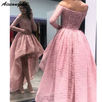 Pink Prom Dresses High Low Lace Long Sleeve Short Front Long Back Boat Neck Women Party Evening Dress Vestido De Formatura
Pink Prom Dresses High Low Lace Long Sleeve Short Front Long Back Boat Neck Women Party Evening Dress Vestido De Formatura