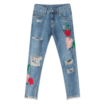 Spring Autumn Women Ripped Hole Embroidery Tassel Ankle Length Blue Denim Trousers , Washed Destroyed Jeans Pants For Woman
Spring Autumn Women Ripped Hole Embroidery Tassel Ankle Length Blue Denim Trousers , Washed Destroyed Jeans Pants For Woman