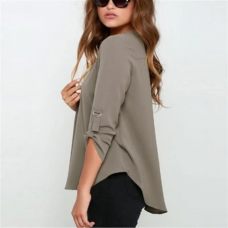 Plus Size - New Summer Fashion Women Casual V-Neck Long Sleeve Blouse Casual Womens Loose Tops Blouses Clothing (8-22W)