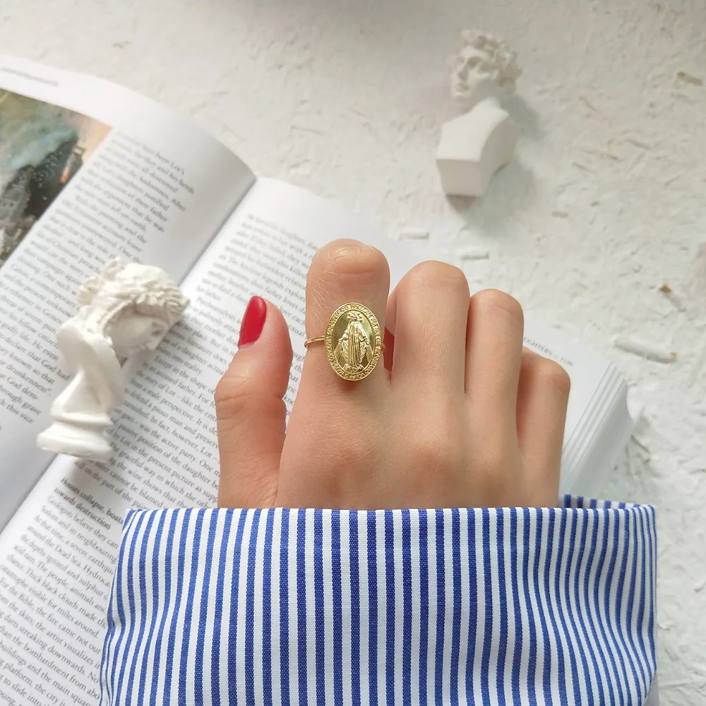 Gold Color Minimalist 925 Sterling Sliver Rings for Women Personalized Abstract Mary Portrait Coin Open Rings Engagement Bijoux (2)