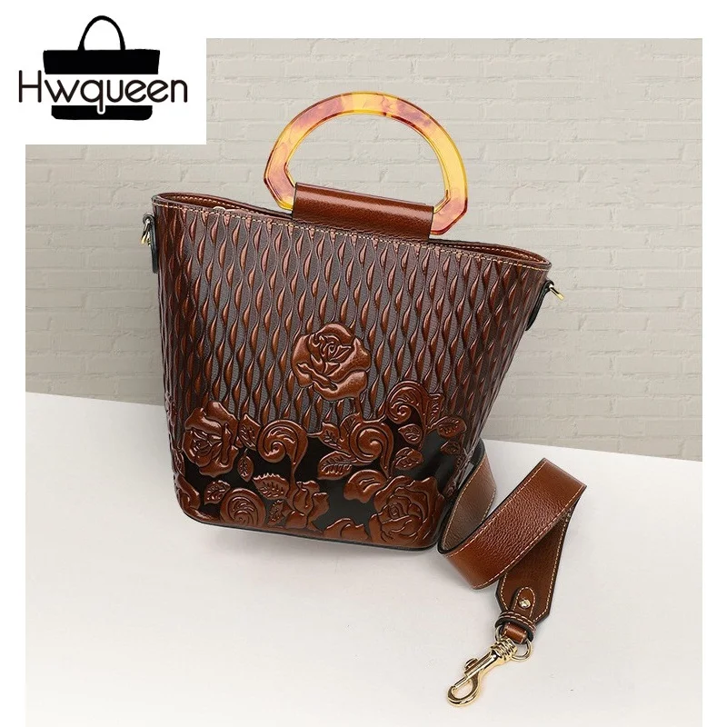 Embossed Style Rose Flower Genuine Cow Leather Vintage Women Small Bucket Purse Plastic Handle Female Handbag Lady Shoulder Bag
Embossed Style Rose Flower Genuine Cow Leather Vintage Women Small Bucket Purse Plastic Handle Female Handbag Lady Shoulder Bag