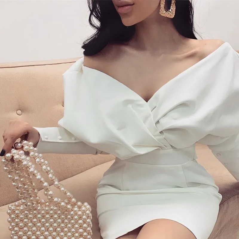 Women V Neck Elegant White Dress Off Shoulder Mini Dress Empire Sexy Pencil Solid Dress
Women V Neck Elegant White Dress Off Shoulder Mini Dress Empire Sexy Pencil Solid Dress
