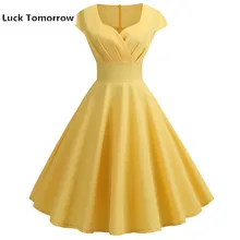 Vestido de verano para mujer Sexy Delgado elegante cuello en V amarillo sólido manga corta Vestidos de fiesta para mujer 50S 60S Vintage A-Line Vestidos(China)
