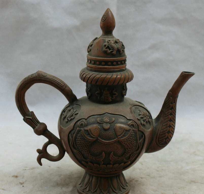 S2028 10" Marked Tibet Buddhism Bronze Fish 8 Auspicious Symbol Wine Tea Pot Flagon D0318
S2028 10" Marked Tibet Buddhism Bronze Fish 8 Auspicious Symbol Wine Tea Pot Flagon D0318
