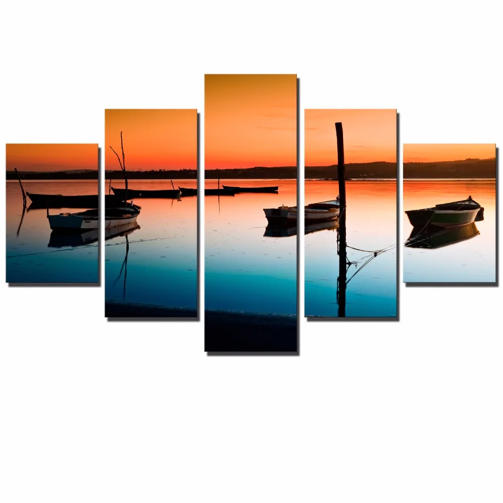 

5 Panels Sunset Canvas Paintings For Living Room Wall Boats Seascape Modular Pictures Warm Color Posters And Prints Home Decor