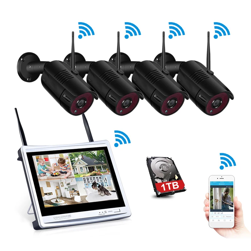 4CH CCTV System Wireless 1080P 12" LCD NVR Security Camera IR Outdoor P2P Wifi IP Surveillance Kit | Безопасность и защита