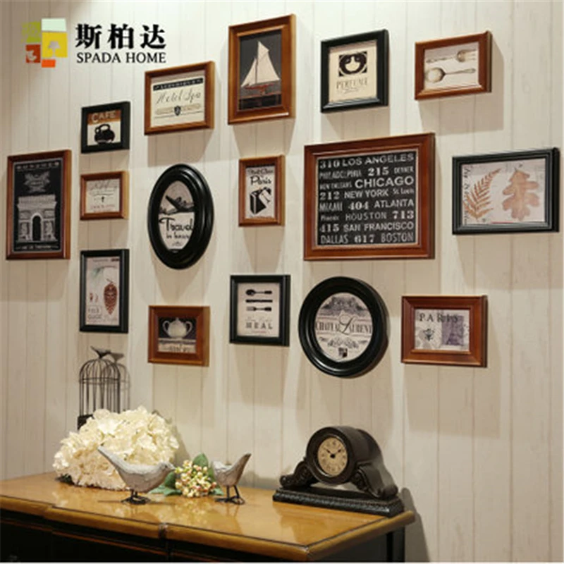 Image 16Pcs set American Classic Round Picture Frames Fashion Square Wall Brown Photo Frame Set Wedding Wooden Photo Frame for Picture