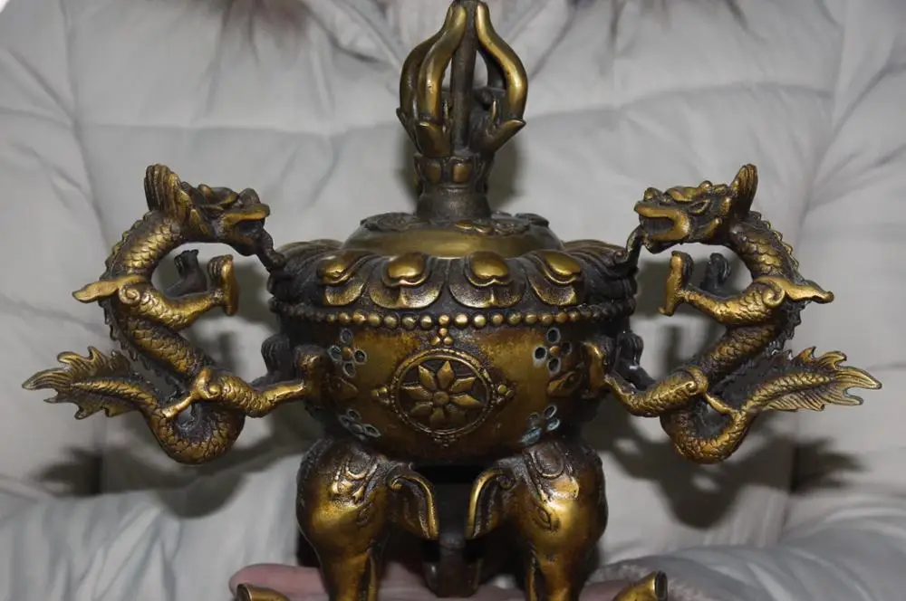 free shipping 9" Chinese Bronze Dragon Loong Elephant Incense Burner Censer Incensory Statue