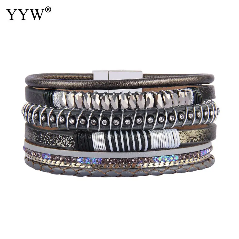 YYW Hot Sale Braided Multilayer Leather Bracelet For Women Femme Pulseira Feminina Magnet Clasp Crystal Bohemian Style | Украшения и