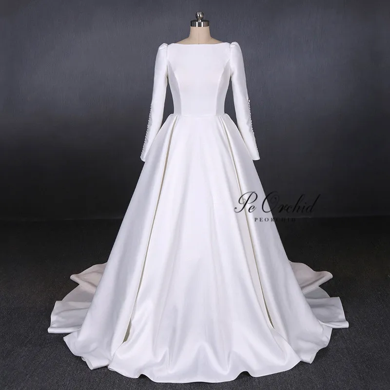 PEORCHID 2019 Vintage Satin Backless Bridal Dress Modest White Long Sleeve Boat Neck Wedding A Line Robe Mariage Femme | Свадьбы и