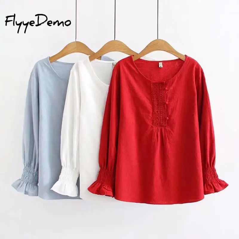 2019 New Women Tops Fashion Long Sleeved Blouses O Neck Cotton Lace Patchwork Shirts Office Lady Flare Sleeve Blouses Plus Size
2019 New Women Tops Fashion Long Sleeved Blouses O Neck Cotton Lace Patchwork Shirts Office Lady Flare Sleeve Blouses Plus Size