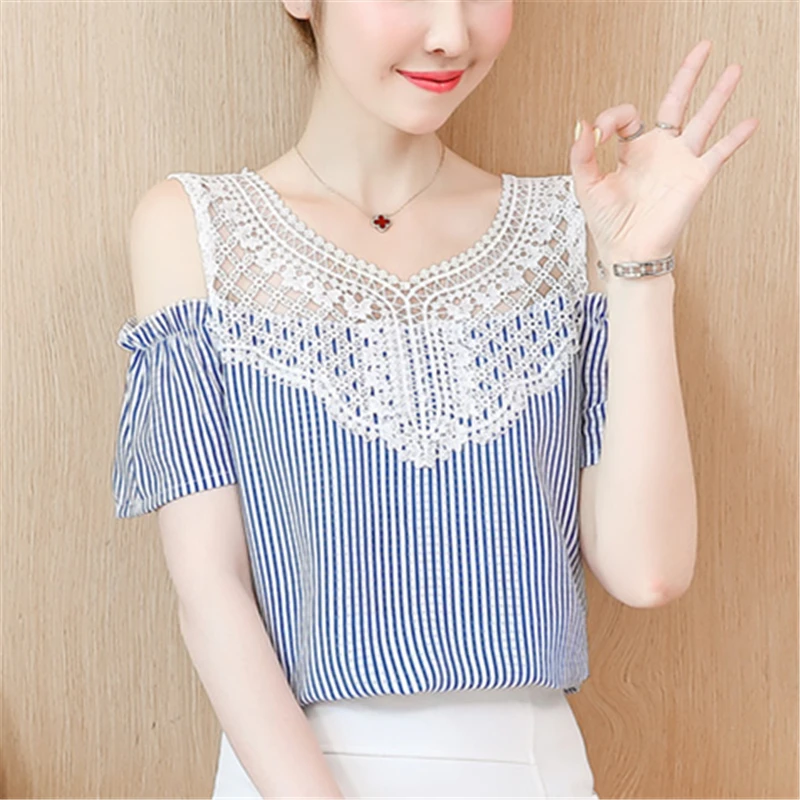 2019 Fashion Summer Women Blouses And Tops Chiffon Striped Shirts Female Off Shoulder Short Sleeve O Neck Clothing Casual Blusas
2019 Fashion Summer Women Blouses And Tops Chiffon Striped Shirts Female Off Shoulder Short Sleeve O Neck Clothing Casual Blusas