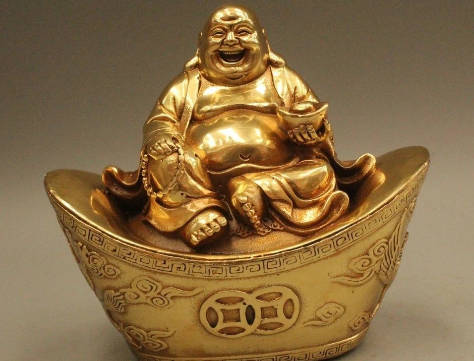 6" China Buddhism Brass Wealth Happy Laugh Maitreya Buddha Seat Yuan Bao Statue