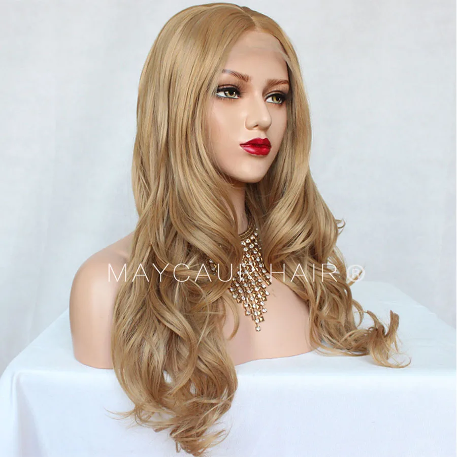 Maycaur Golden Hair Long Wavy Wig Natural Hairline Synthetic Lace Front Wigs for Fashion Women Glueless Lace Wigs (6)